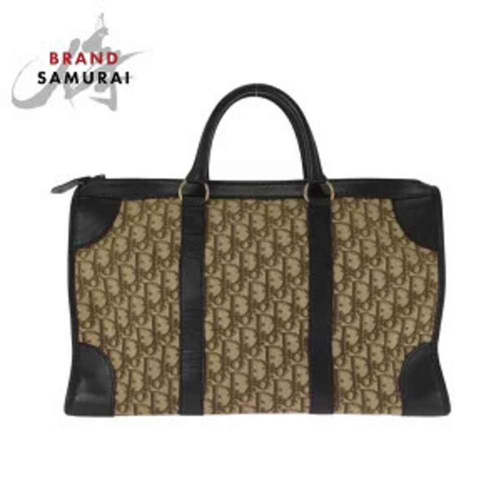 Christian Dior Trotter Brown Beige Canvas Leather Handbag Boston Bag